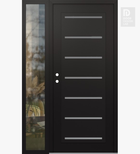 Modern Steel Front Door Diamond C11 50" x 80" black/white frosted Glass Panel black RHI with Sidelite clear Glass
