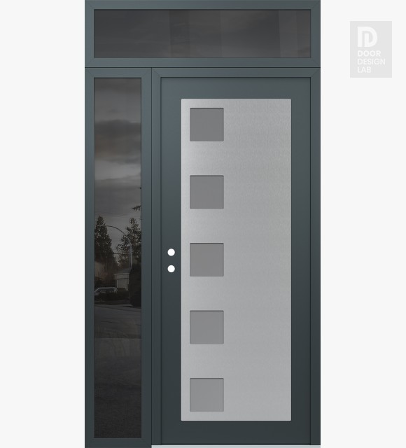 Modern Steel Front Door Diamond C5 48" x 96" anthracite/anthracite frosted Glass Panel stainless steel RHI with Sidelite and Transom mirrored Glass