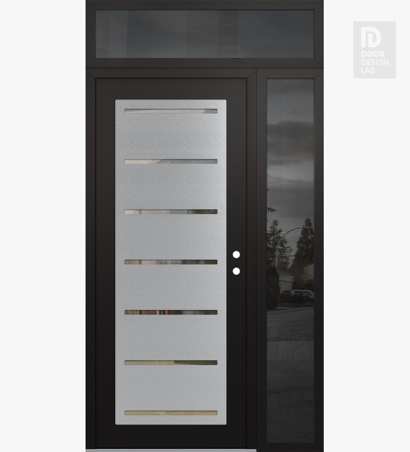 Modern Steel Front Door Diamond C11 52" x 96" black/black clear Glass Panel stainless steel LHI with Sidelite and Transom mirrored Glass