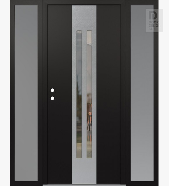 Modern Steel Front Door DIAMOND A8 64" X 80" BLACK/BLACK CLEAR GLASS PANEL STAINLESS STEEL RHI WITH 2 SIDELITES FROSTED GLASS