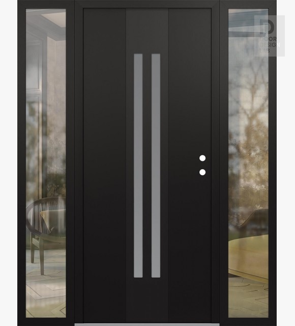 Modern Steel Front Door DIAMOND A8 64" X 80" BLACK/WHITE FROSTED GLASS PANEL BLACK LHI WITH 2 SIDELITES CLEAR GLASS
