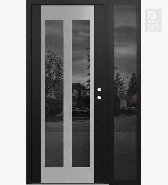 Modern Steel Front Door Diamond C14 52" x 80" black/black mirrored Glass Panel stainless steel LHI with Sidelite mirrored Glass