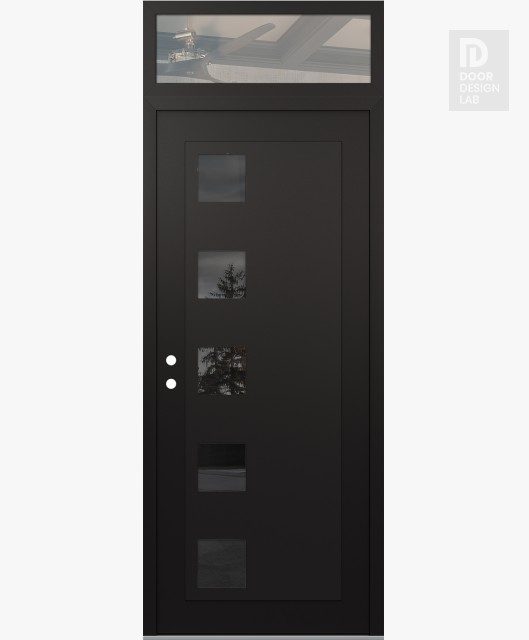 Modern Steel Front Door Diamond C5 36" x 96" black/black mirrored Glass Panel black RHI with Transom clear Glass
