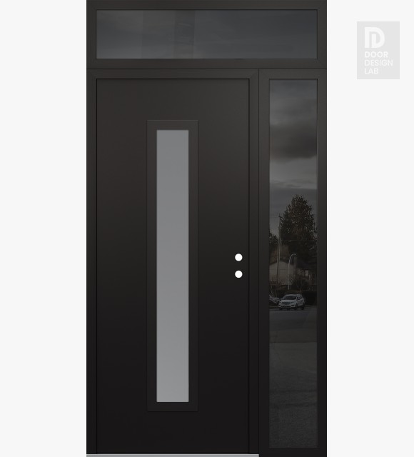Modern Steel Front Door DIAMOND A11 52" X 96" BLACK/WHITE FROSTED GLASS PANEL BLACK LHI WITH SIDELITE AND TRANSOM MIRRORED GLASS