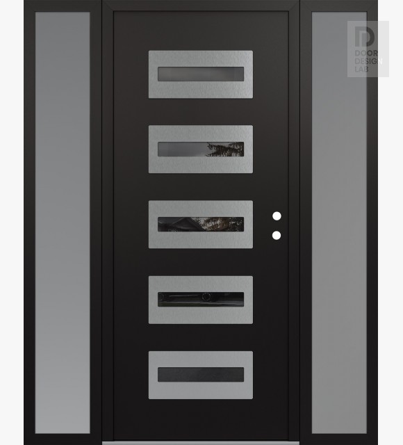 Modern Steel Front Door Diamond D4 60" x 80" black/black mirrored Glass Panel stainless steel LHI with 2 Sidelites frosted Glass