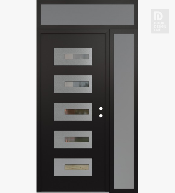 Modern Steel Front Door Diamond D6 50" x 96" black/black clear Glass Panel stainless steel LHI with Sidelite and Transom frosted Glass