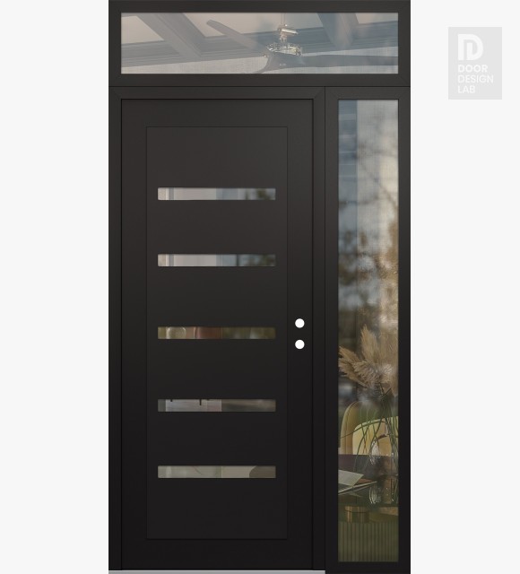 Modern Steel Front Door Diamond C7 48" x 96" black/black clear Glass Panel black LHI with Sidelite and Transom clear Glass