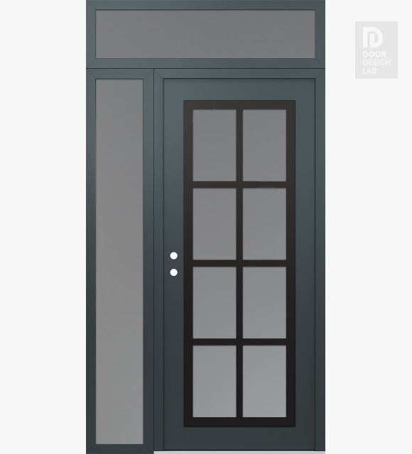 Modern Steel Front Door Diamond C16 52" x 96" anthracite/anthracite frosted Glass Panel black RHI with Sidelite and Transom frosted Glass