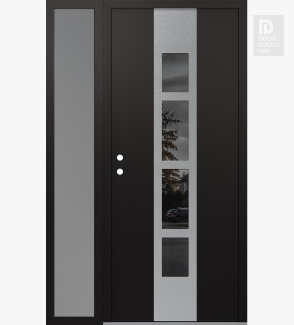 Modern Steel Front Door DIAMOND A10 50" X 80" BLACK/BLACK MIRRORED GLASS PANEL STAINLESS STEEL RHI WITH SIDELITE FROSTED GLASS