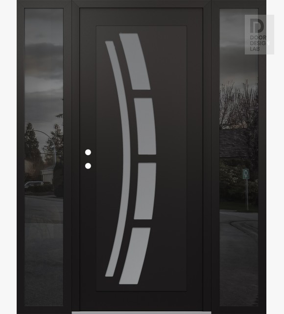 Modern Steel Front Door Diamond C12 60" x 80" black/white frosted Glass Panel black RHI with 2 Sidelites mirrored Glass