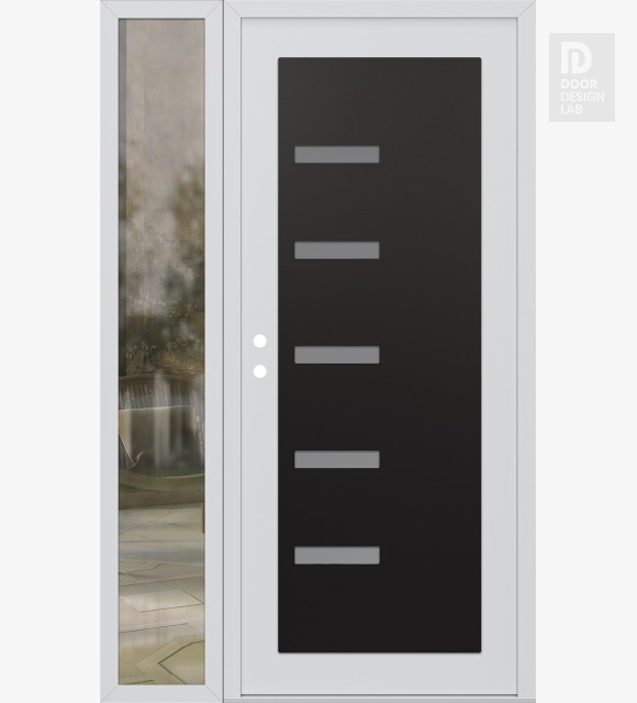 Modern Steel Front Door Diamond C8 52" x 80" white/white frosted Glass Panel black RHI with Sidelite clear Glass