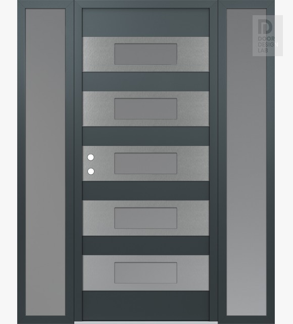 Modern Steel Front Door Diamond D5 60" x 80" anthracite/anthracite frosted Glass Panel stainless steel RHI with 2 Sidelites frosted Glass