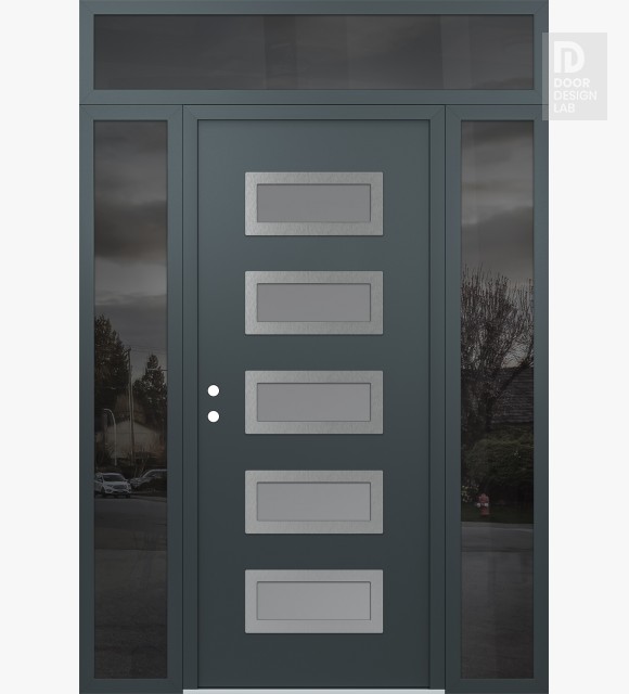 Modern Steel Front Door Diamond D1 64" x 96" anthracite/anthracite frosted Glass Panel stainless steel RHI with 2 Sidelites and Transom mirrored Glass