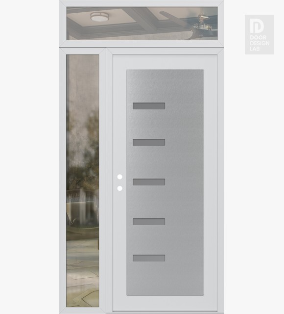 Modern Steel Front Door Diamond C8 50" x 96" white/white frosted Glass Panel stainless steel RHI with Sidelite and Transom clear Glass