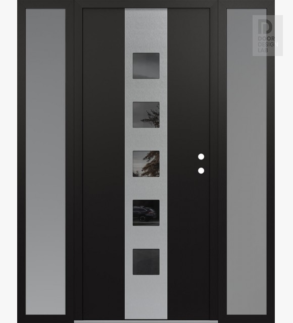 Modern Steel Front Door DIAMOND A13 68" X 80" BLACK/BLACK MIRRORED GLASS PANEL STAINLESS STEEL LHI WITH 2 SIDELITES FROSTED GLASS