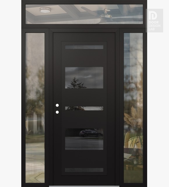 Modern Steel Front Door Diamond C10 60" x 96" black/black mirrored Glass Panel black RHI with 2 Sidelites and Transom clear Glass