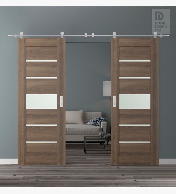 DOUBLE BARN DOOR AVON 07-06 VETRO PECAN NUTWOOD 56" X 96" X 1 3/4" STAINLESS STEEL HARDWARE