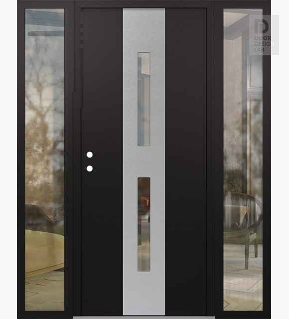Modern Steel Front Door DIAMOND A6 68" X 80" BLACK/BLACK CLEAR GLASS PANEL STAINLESS STEEL RHI WITH 2 SIDELITES CLEAR GLASS