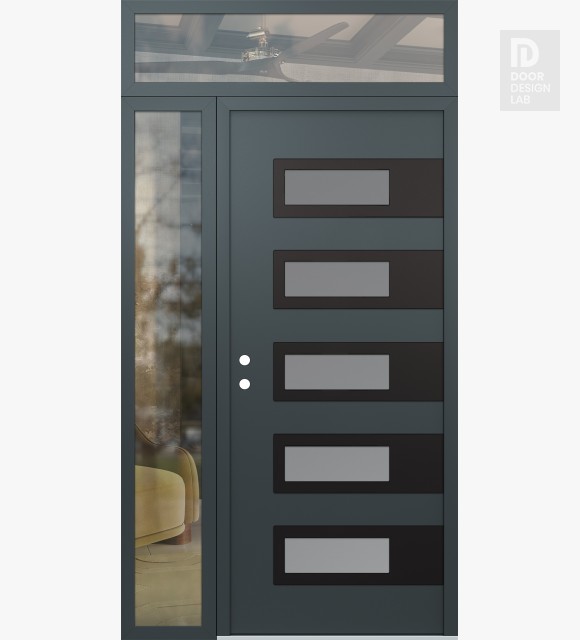 Modern Steel Front Door Diamond D3 48" x 96" anthracite/anthracite frosted Glass Panel black RHI with Sidelite and Transom clear Glass