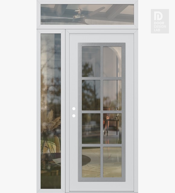 Modern Steel Front Door Diamond C16 48" x 96" white/white clear Glass Panel stainless steel RHI with Sidelite and Transom clear Glass