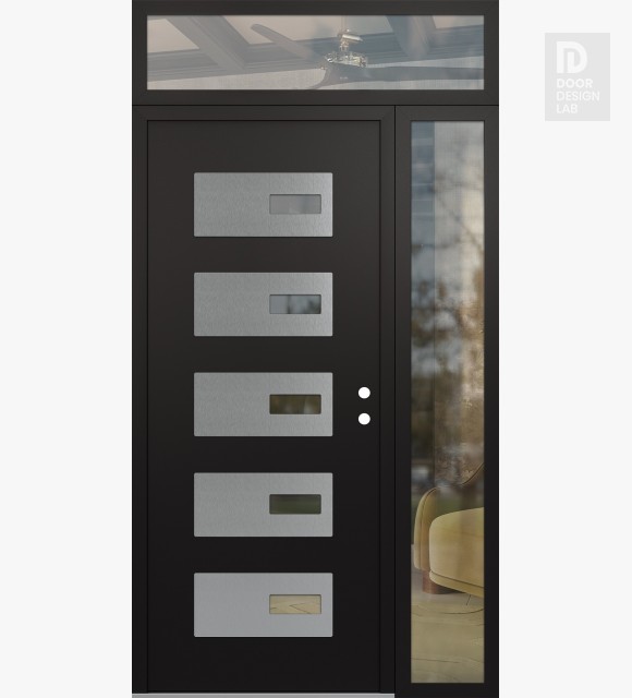 Modern Steel Front Door Diamond D7 52" x 96" black/black clear Glass Panel stainless steel LHI with Sidelite and Transom clear Glass