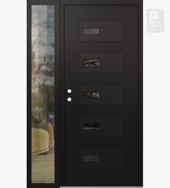 Modern Steel Front Door Diamond D7 48" x 80" black/black mirrored Glass Panel black RHI with Sidelite clear Glass