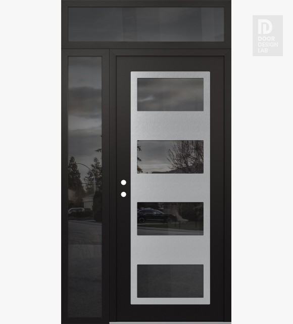 Modern Steel Front Door Diamond C2 50" x 96" black/black mirrored Glass Panel stainless steel RHI with Sidelite and Transom mirrored Glass