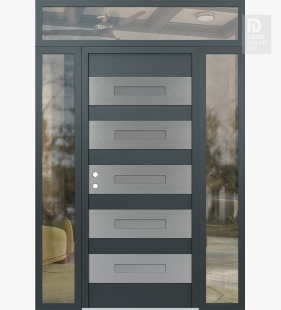 Modern Steel Front Door Diamond D9 64" x 96" anthracite/anthracite frosted Glass Panel stainless steel RHI with 2 Sidelites and Transom clear Glass