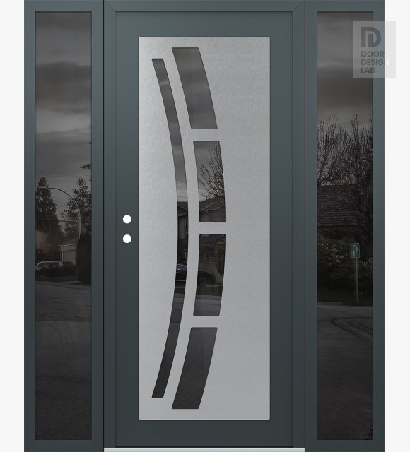 Modern Steel Front Door Diamond C12 64" x 80" anthracite/anthracite mirrored Glass Panel stainless steel RHI with 2 Sidelites mirrored Glass