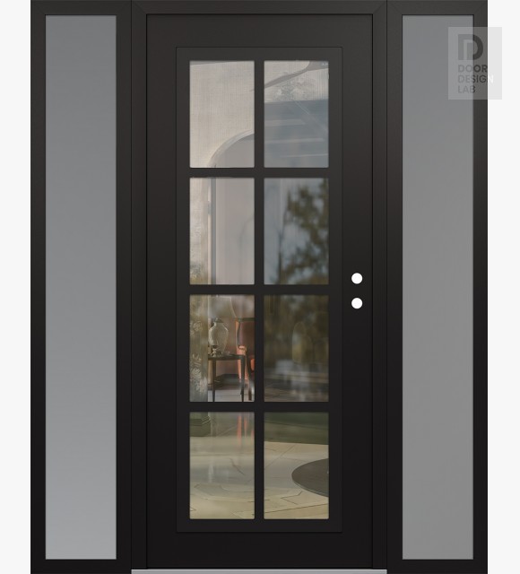 Modern Steel Front Door Diamond C16 60" x 80" black/black clear Glass Panel black LHI with 2 Sidelites frosted Glass