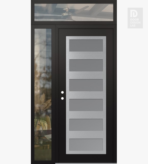 Modern Steel Front Door Diamond C9 52" x 96" black/white frosted Glass Panel stainless steel RHI with Sidelite and Transom clear Glass