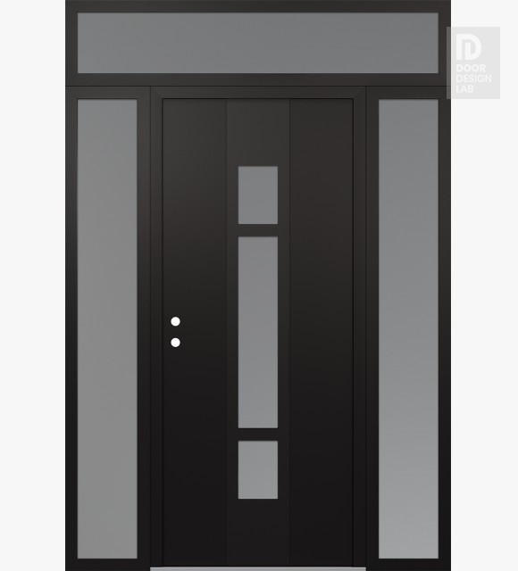 Modern Steel Front Door DIAMOND A9 60" X 96" BLACK/WHITE FROSTED GLASS PANEL BLACK RHI WITH 2 SIDELITES AND TRANSOM FROSTED GLASS