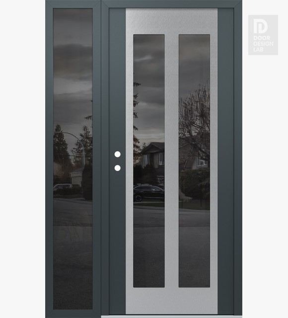 Modern Steel Front Door Diamond C14 48" x 80" anthracite/anthracite mirrored Glass Panel stainless steel RHI with Sidelite mirrored Glass