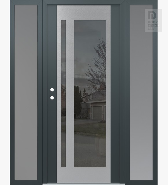 Modern Steel Front Door Diamond C15 68" x 80" anthracite/anthracite mirrored Glass Panel stainless steel RHI with 2 Sidelites frosted Glass