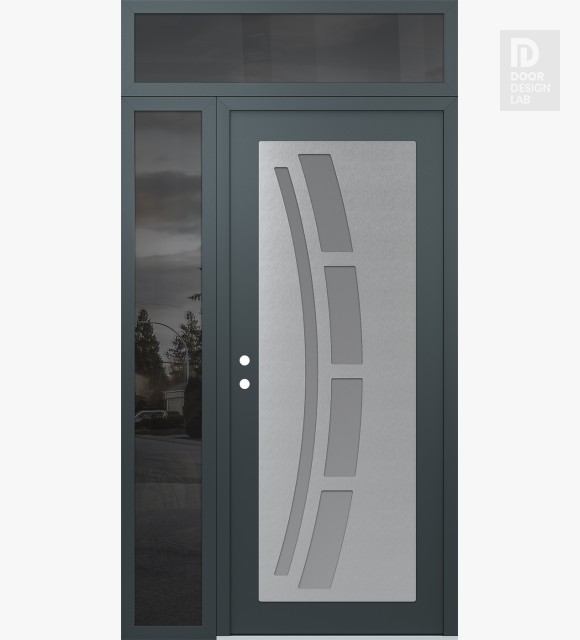 Modern Steel Front Door Diamond C12 52" x 96" anthracite/anthracite frosted Glass Panel stainless steel RHI with Sidelite and Transom mirrored Glass