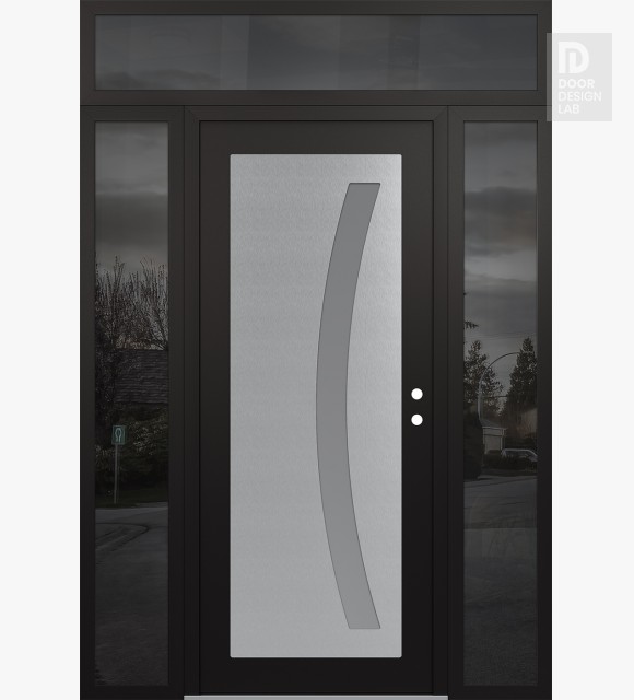 Modern Steel Front Door Diamond C4 64" x 96" black/white frosted Glass Panel stainless steel LHI with 2 Sidelites and Transom mirrored Glass