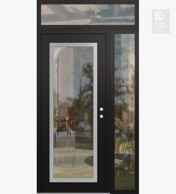 Modern Steel Front Door Diamond C1 48" x 96" black/black clear Glass Panel stainless steel LHI with Sidelite and Transom clear Glass