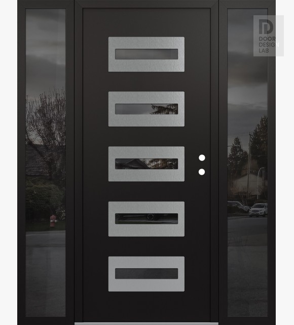 Modern Steel Front Door Diamond D4 60" x 80" black/black mirrored Glass Panel stainless steel LHI with 2 Sidelites mirrored Glass