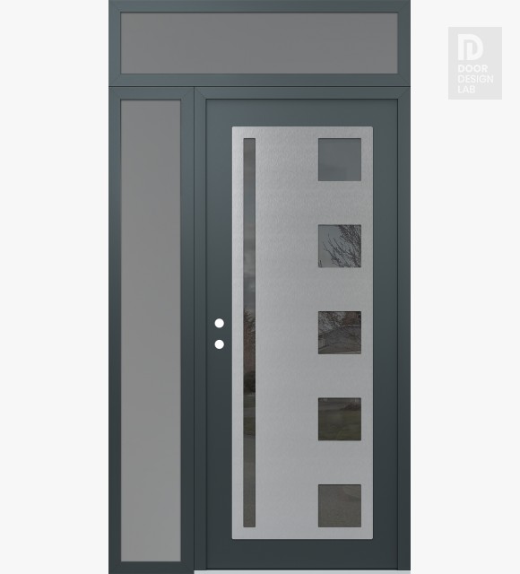 Modern Steel Front Door Diamond C3 48" x 96" anthracite/anthracite mirrored Glass Panel stainless steel RHI with Sidelite and Transom frosted Glass