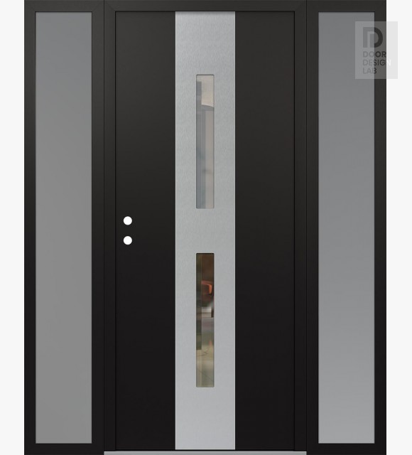 Modern Steel Front Door DIAMOND A6 64" X 80" BLACK/BLACK CLEAR GLASS PANEL STAINLESS STEEL RHI WITH 2 SIDELITES FROSTED GLASS