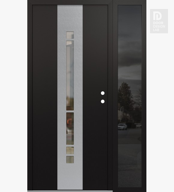 Modern Steel Front Door DIAMOND A3 48" X 80" BLACK/BLACK CLEAR GLASS PANEL STAINLESS STEEL LHI WITH SIDELITE MIRRORED GLASS