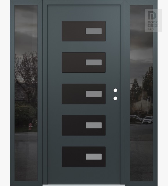 Modern Steel Front Door Diamond D7 68" x 80" anthracite/anthracite frosted Glass Panel black LHI with 2 Sidelites mirrored Glass