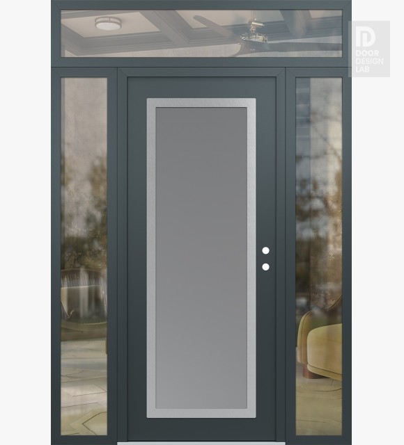 Modern Steel Front Door Diamond C1 68" x 96" anthracite/anthracite frosted Glass Panel stainless steel LHI with 2 Sidelites and Transom clear Glass