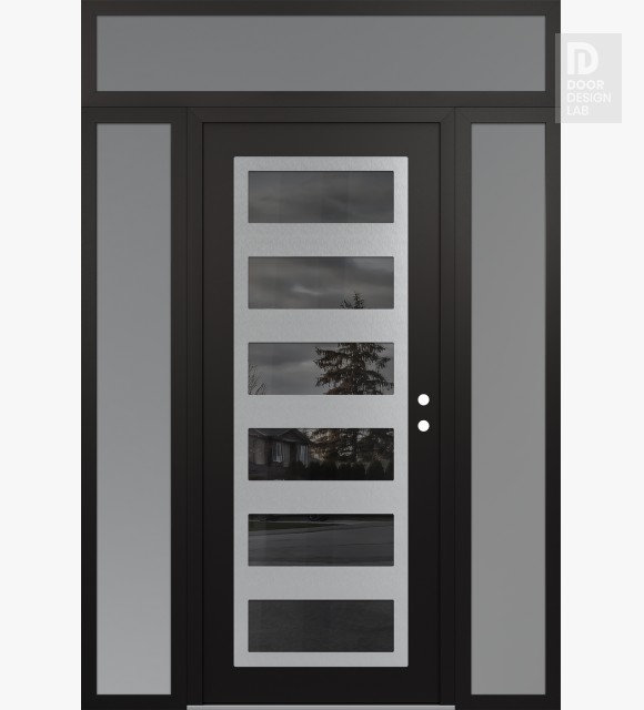 Modern Steel Front Door Diamond C9 60" x 96" black/black mirrored Glass Panel stainless steel LHI with 2 Sidelites and Transom frosted Glass