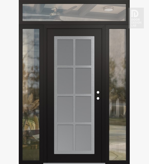 Modern Steel Front Door Diamond C16 60" x 96" black/white frosted Glass Panel stainless steel LHI with 2 Sidelites and Transom clear Glass