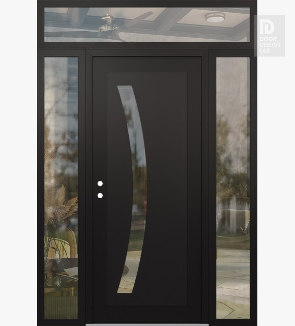 Modern Steel Front Door Diamond C4 60" x 96" black/black clear Glass Panel black RHI with 2 Sidelites and Transom clear Glass