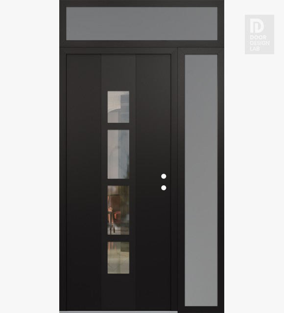 Modern Steel Front Door DIAMOND A10 50" X 96" BLACK/BLACK CLEAR GLASS PANEL BLACK LHI WITH SIDELITE AND TRANSOM FROSTED GLASS