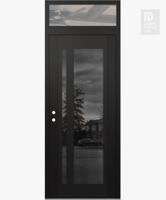 Modern Steel Front Door Diamond C15 36" x 96" black/black mirrored Glass Panel black RHI with Transom clear Glass