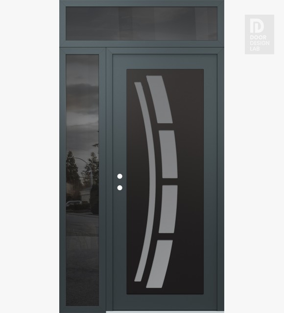 Modern Steel Front Door Diamond C12 48" x 96" anthracite/anthracite frosted Glass Panel black RHI with Sidelite and Transom mirrored Glass