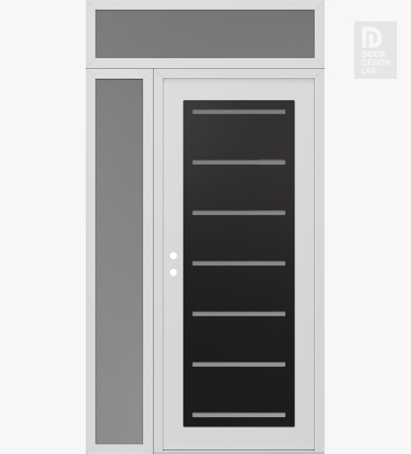 Modern Steel Front Door Diamond C11 52" x 96" white/white frosted Glass Panel black RHI with Sidelite and Transom frosted Glass